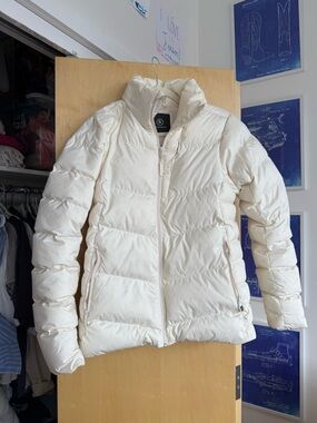 Women's Cream Quilted Puffer Jacket with High Collar
